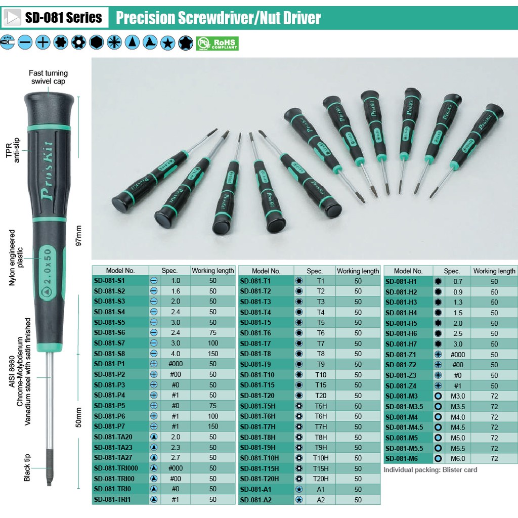 Pro'sKit SD-081 Series Precision Screwdriver ( Slotted / Phillips / Hex ...