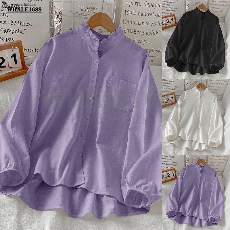 【Ready Stock 】Women's Daily Simple Casual Straight Ruffle Collar Plain ...