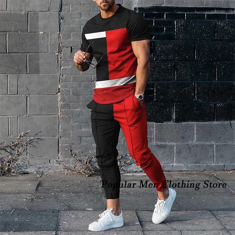 Set Tracksuit Men Fashion Stripe Long Sleeve T-shirt Pants 2 Piece