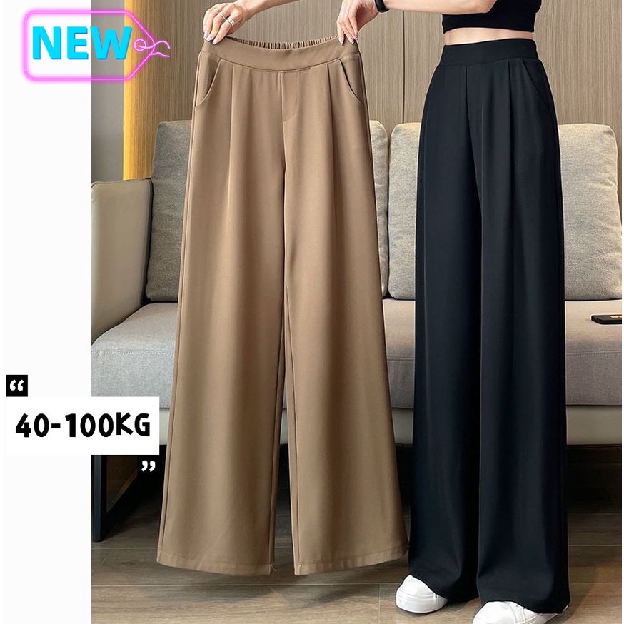 Women long pants ice silk pants Fat mm Large Elastic Waist Wide Leg