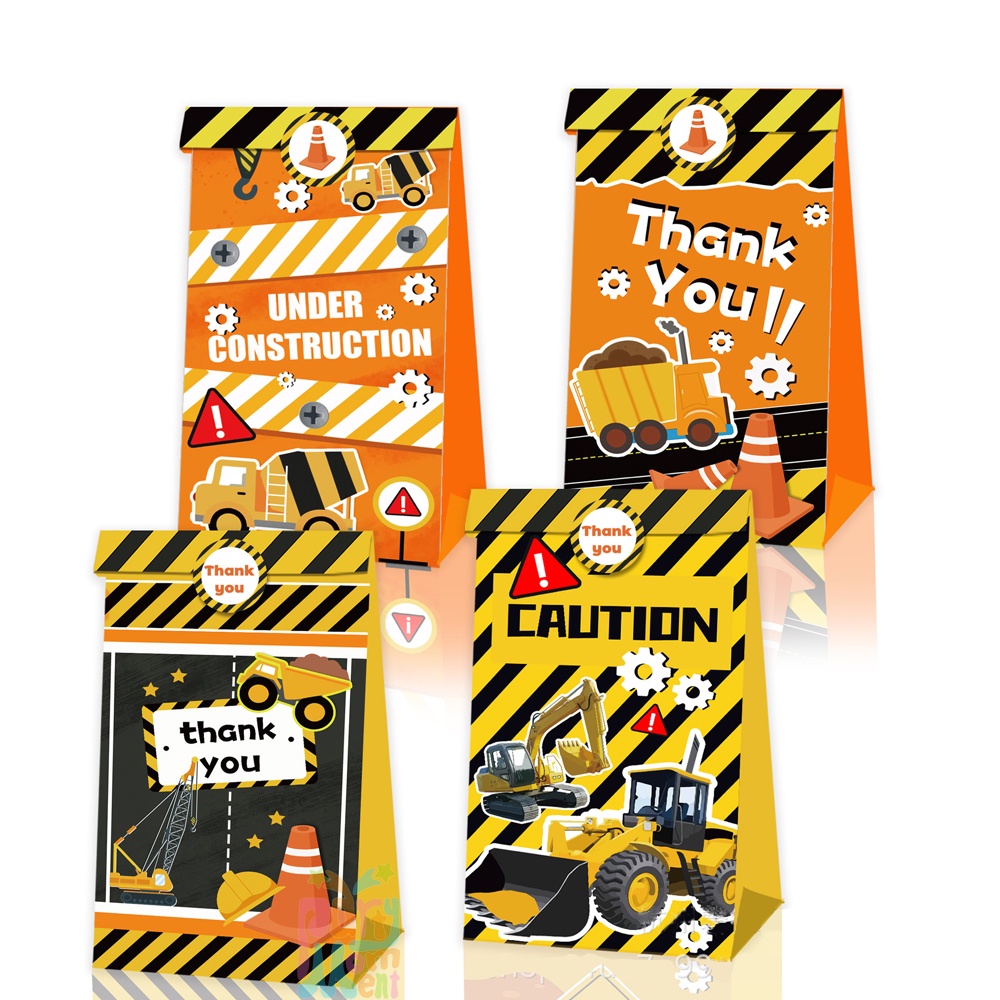 50Pcs Construction Party Favors Bags - Truck & Excavator Themed Goodie Bags With Gold Ties