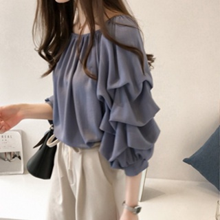 Plus Size M-4XL Chiffon Blouse Women Korean Style Long Puff Sleeve One Neck  Plain Casual Loose Fashion Formal Office Woman Ladies Shirt Top Pink Blue  Apricot Baju Baggy Blouse Kemeja Lengan Panjang