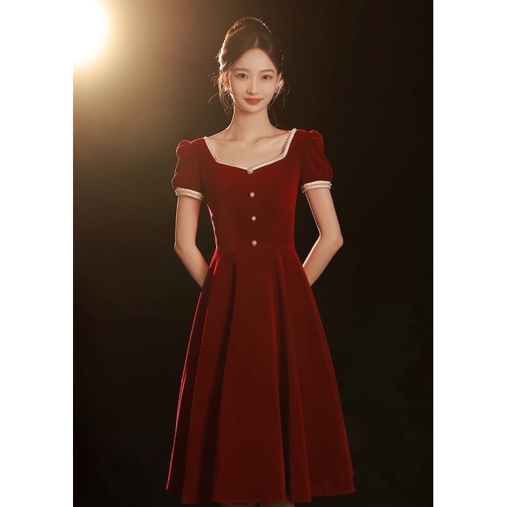 Wine Red Velvet/Satin Bridal Wedding Toast Dress French Puff Sleeve