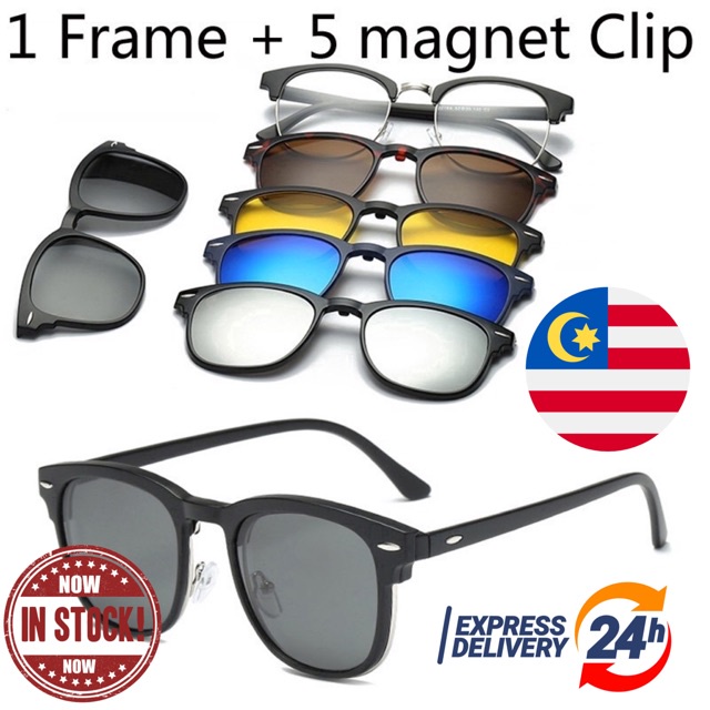 READY STOCK POLARISED CLUBMASTER CLIP IN CLIP ON ONE 6 in 1 400 UV PROTECTION SUNGLASSES ANTI SILAU MALAM UNISEX