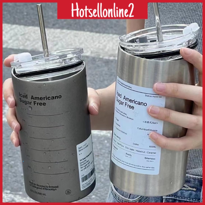 HOT_ 600ml Tumbler with Straw Coffee Mug Thermos Stainless Steel Cup