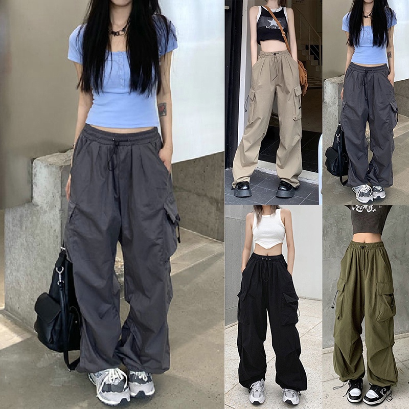 Women Casual Y2K Streetwear Cargo Pants Baggy Wide Leg Straight Long ...