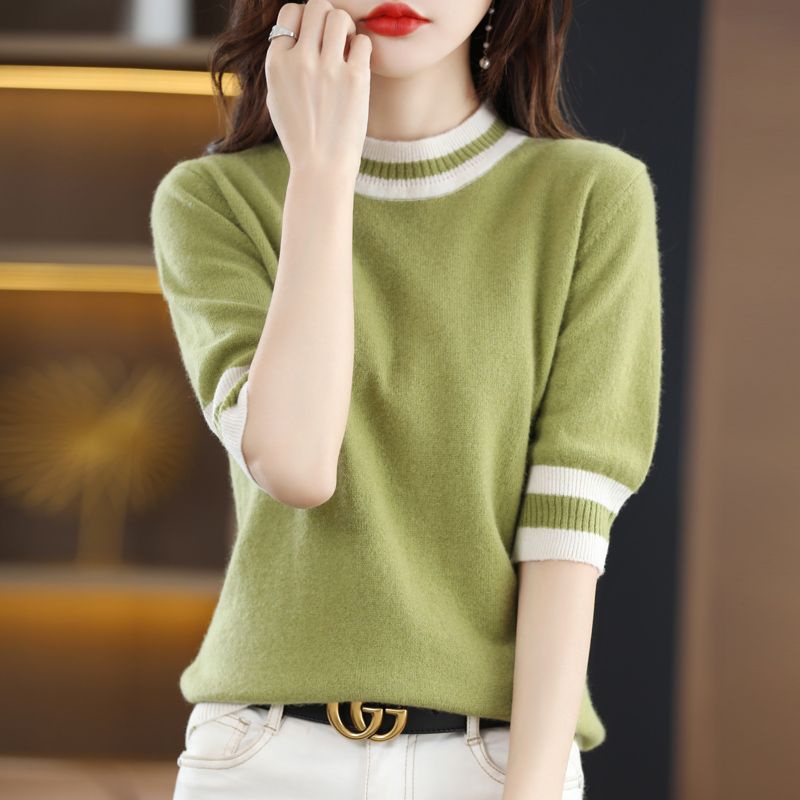 Women's Round Neck Color Matching Edge Sweater Short Sleeved Knitted ...