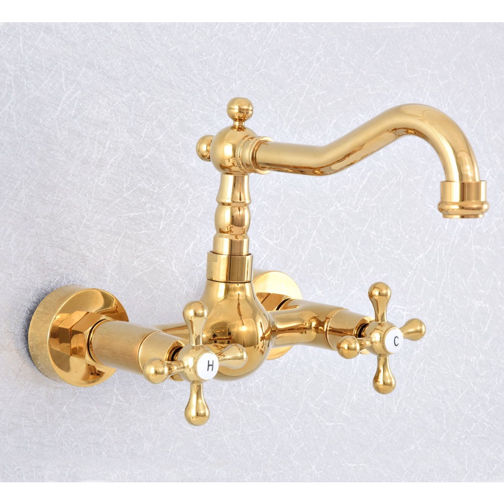 Luxury Gold Kitchen Faucet Dual Cross Handles Wall Mount Hot&Cold Bathroom Kitchen Basin Sink ...