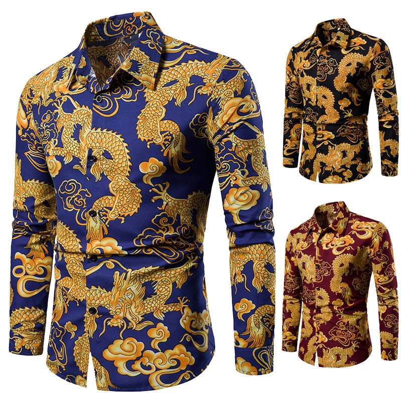 New Men's Dragon Print Four Seasons Wear Long-sleeved Beach Casual ...