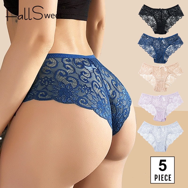 FallSweet 5Pcs Plus Size Lace Embroidery Sexy Panties Women
