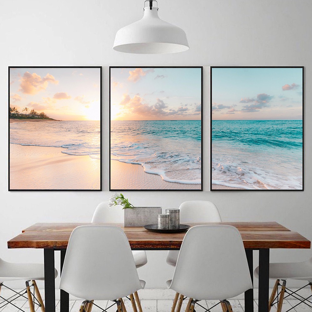 With Frame - 3pcs Beach Posters Canvas Painting Waves Prints Ocean ...