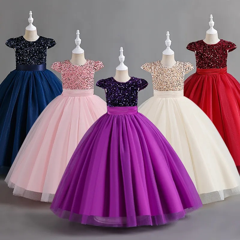 WFRV Princess Lace Long Dress Girls Party Dresses Wedding Gown Elegant Girls Sequins Long Tulle
