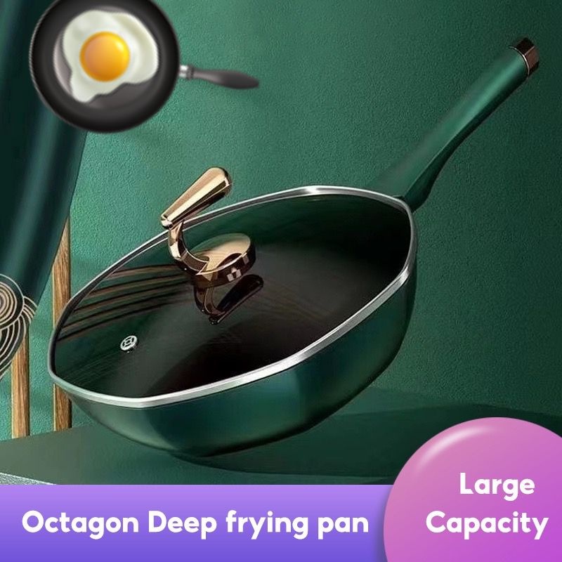 HM Octagon Deep Frying Pan Non Stick wok With Lid StirFry Pans NO PFOA