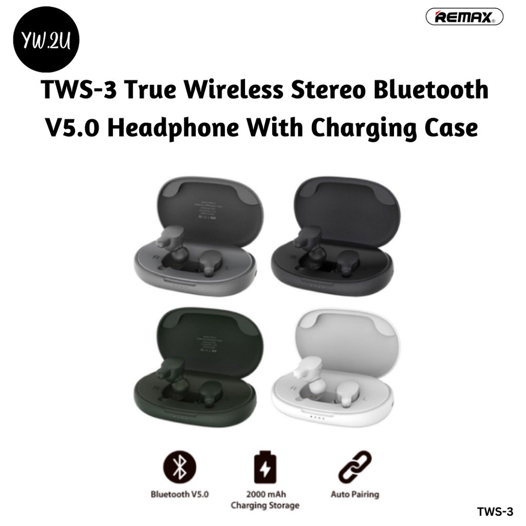 REMAX TWS-3 True Wireless Stereo Bluetooth V5.0 Headphone with Charging ...