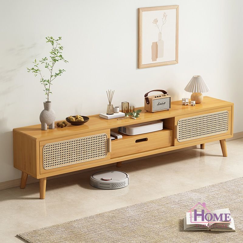 🍁TV cabinet/living room modern minimalist log wind rattan woven sliding ...