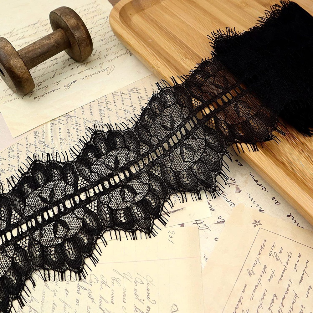 3M/Lot Black White Eyelash Lace Trim Floral Pattern Lace Fabric for