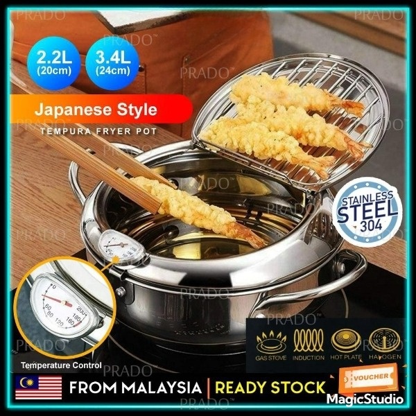 Tempura Fryer Japanese Deep Fryer Cooker SUS 304 with Thermometer Pan ...