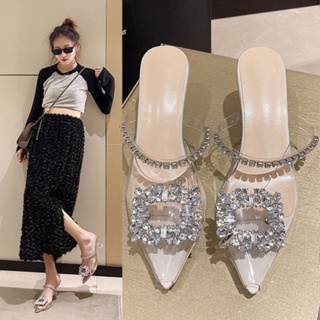 Ladies' Fashionable Transparent Glass Heels With Rhinestone Decor Muller  Shoes