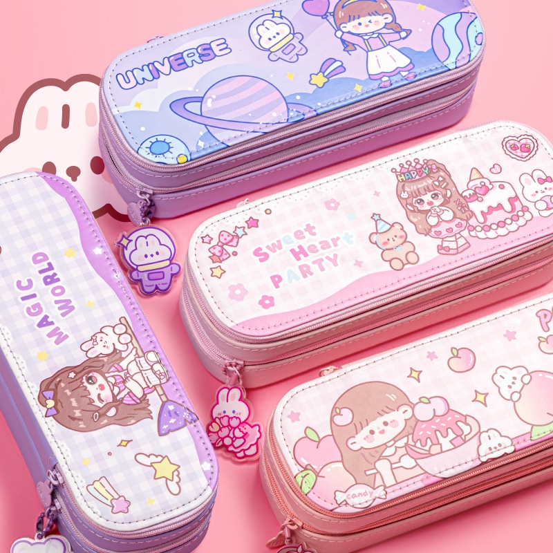Kaba Bear Pencil Bag for Girls, Primary School Students, Double Layer