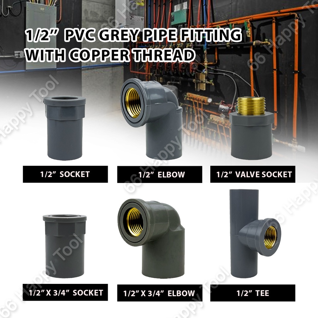 PVC Grey Pipe Fitting 1/2" Copper Thread Connector Water Pipe Socket