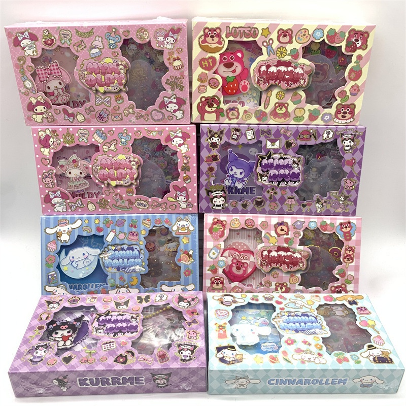 8 Types Sanrio Brooch Sticker Gift Box Kuromi Melody Cartoon Stickers Cute Decor Set DIY Diary