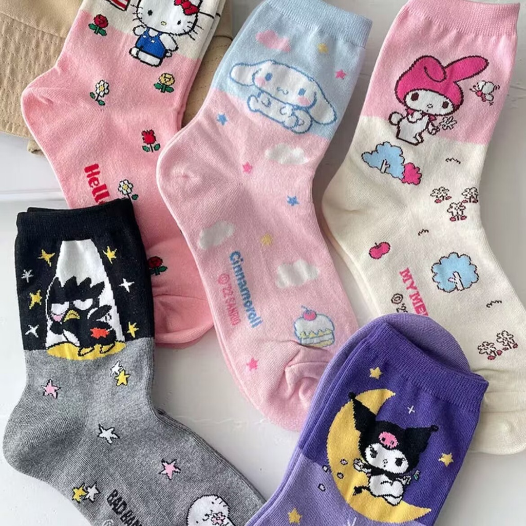 Korean Kuromi Color Blocking Socks Women Cartoon Cute Kitty Cinnamon ...