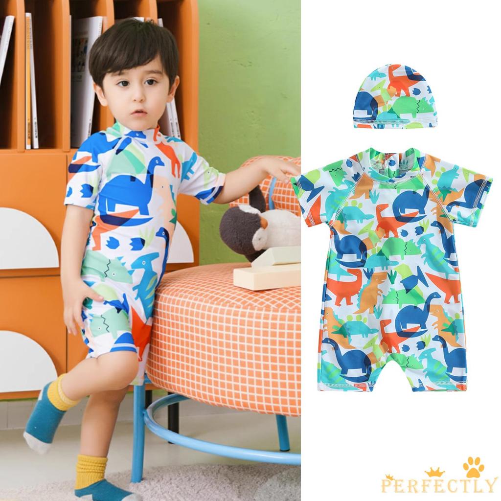 Babyhug Half Sleeves Legged Swimsuit with Cap Dino Print - Green main image 1
