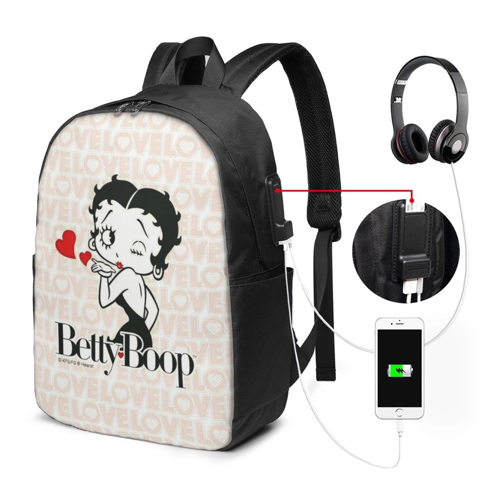 Betty Boop USB Men Laptop Backpack 17in Outdoor Travel Kid Large ...