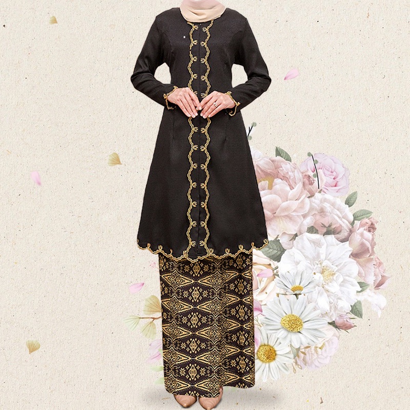 【ready Stock】 Sulam Baju Kurung Moden Hitam Kebaya Muslimah Kebarung