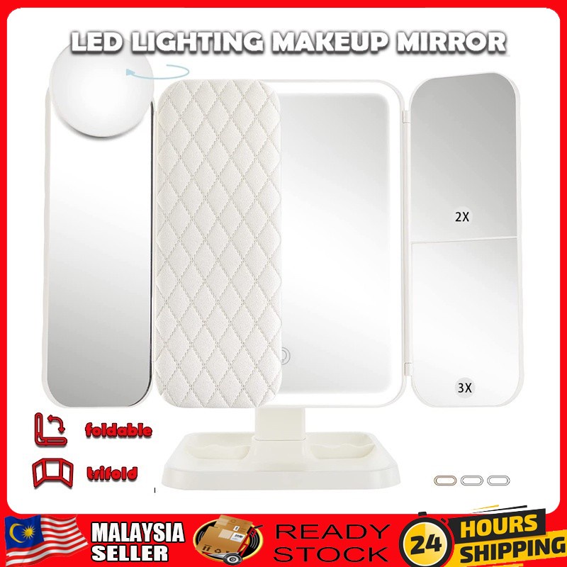 Trifold Makeup Mirror With LED Lighting Magnifying And 3 Colour