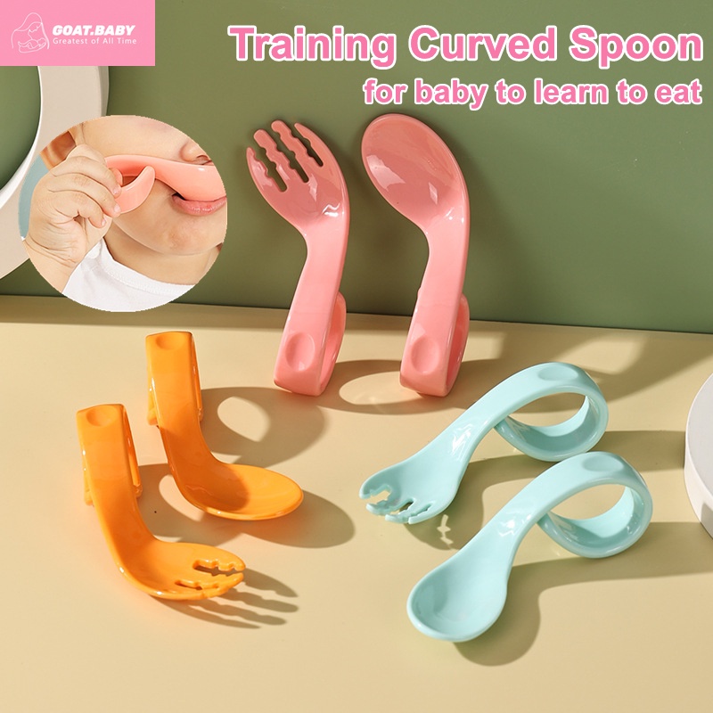 Baby Curved Learning PP Spoon Fork Set Curved Handle Self Feeding ...