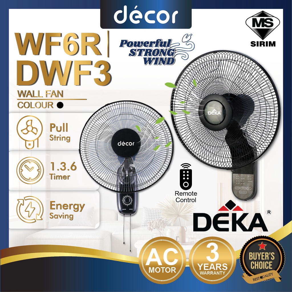 DEKA Fan DEKA WF6R / WF3 Wall Fan 16" Pull String Remote Control