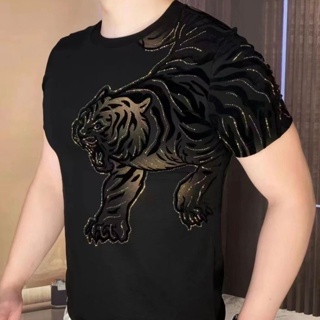 Chinese Style Embroidery Tiger T-shirt, Cotton, Round Neck, short