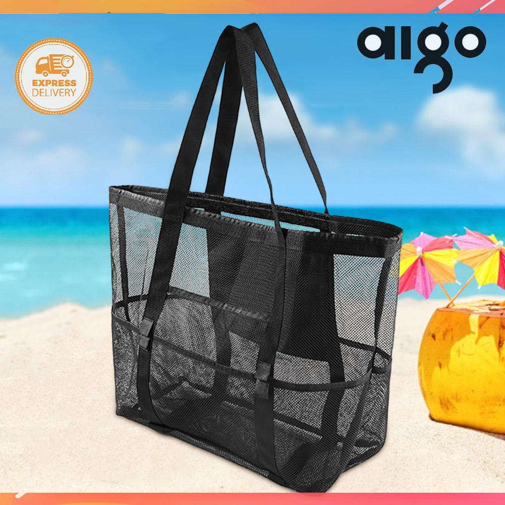 Casual Mesh Beach Bag Large Capacity Tote Bag with 8 Pockets Vacation ...