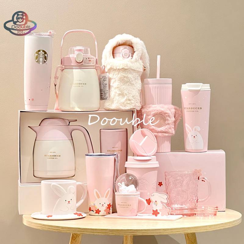 Starbucks China Peach Blossom Series 2023 Cute Rabbit Pink Glass Cup