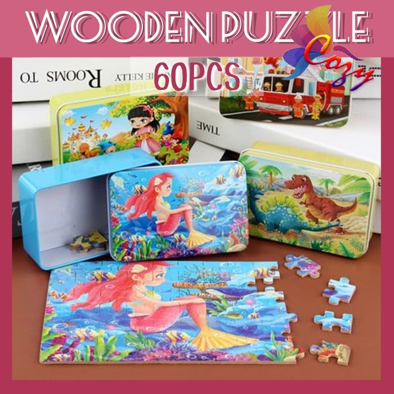 60pcs Wooden Cartoon Puzzle with Tin Kids Learning Metal Box Jigsaw ...