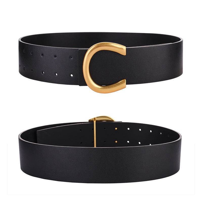 Black Genuine Leather Wide Belt Women's Retro Golden Letter Buckle Belt