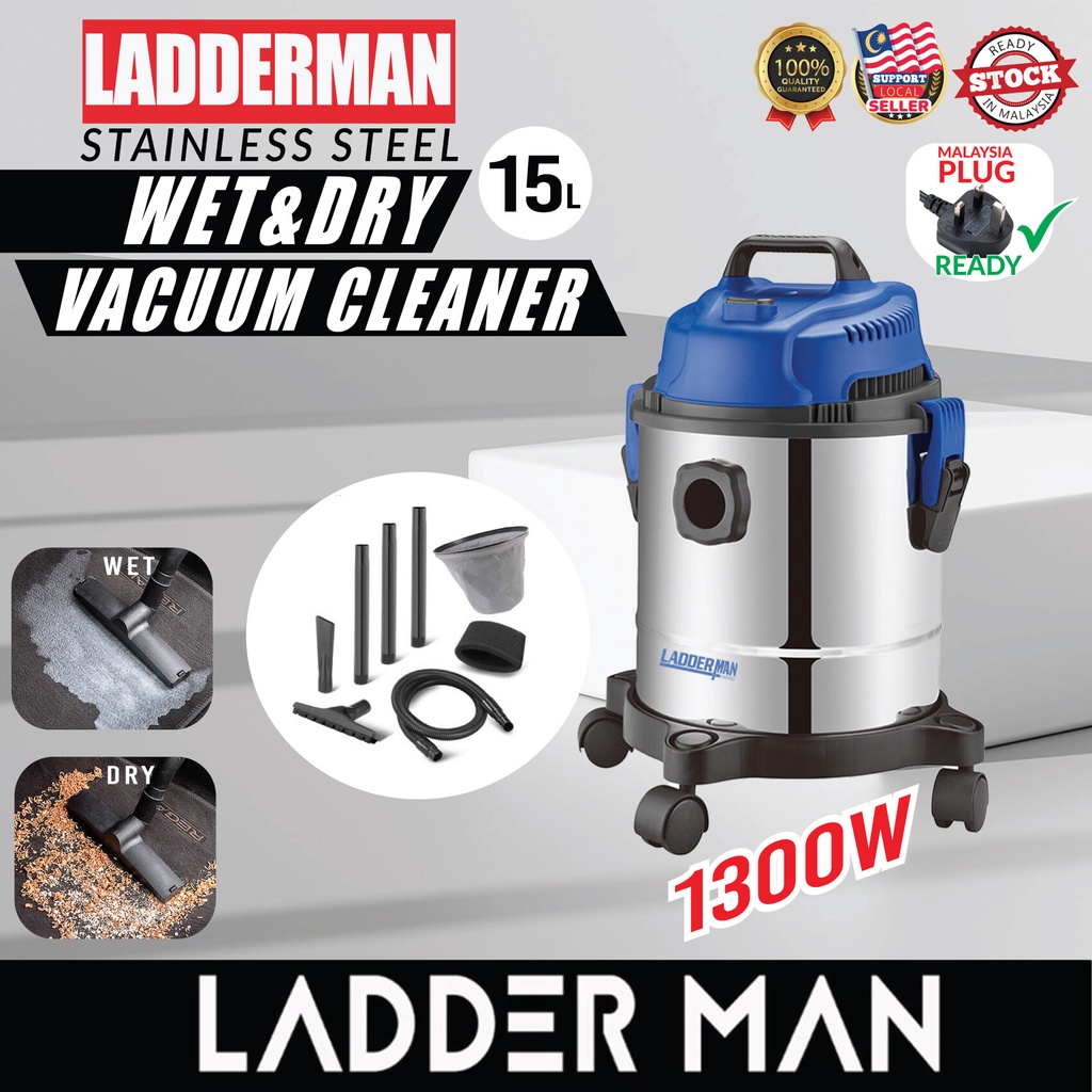 LADDERMAN 15L Stainless Steel Wet and Dry Vacuum Cleaner Heavy Duty ...