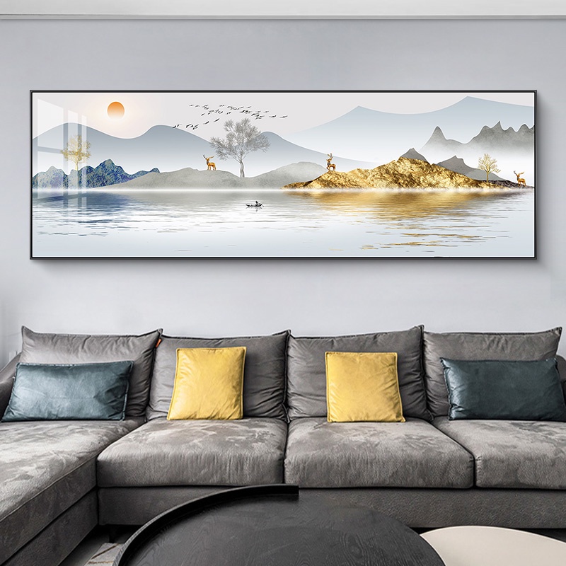 Traditional New Chinese Mountain Lake Canvas Painting Wall Art Golden ...