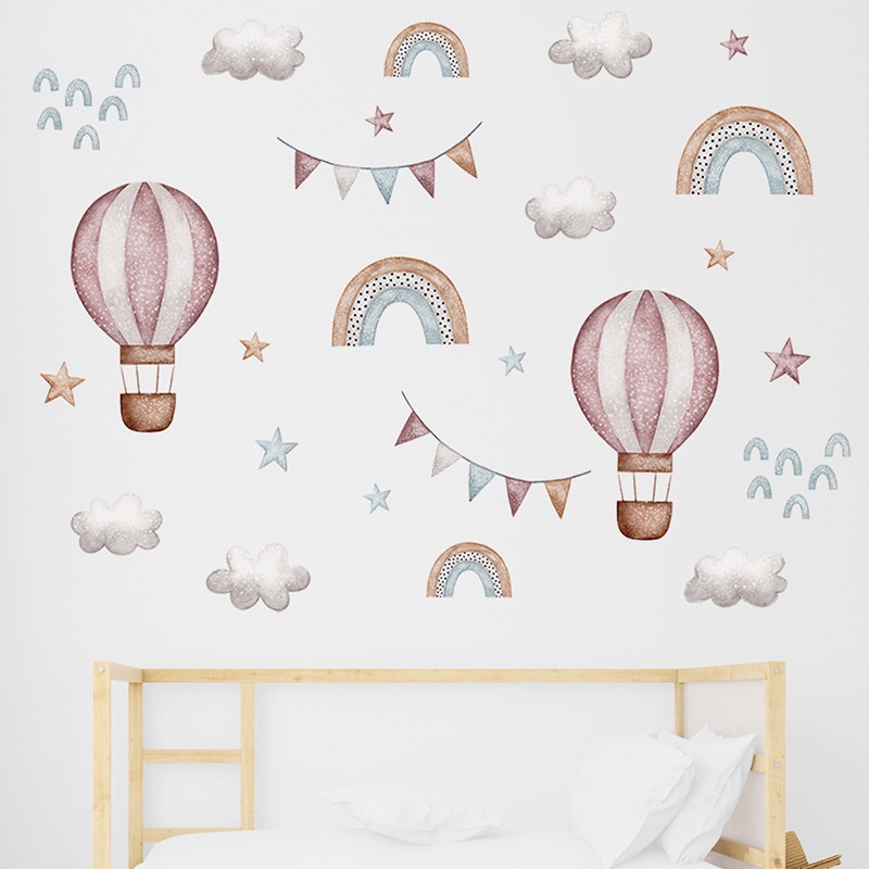Watercolor Pink Hot Air Balloon Rainbow Clouds Wall Stickers for Kids ...