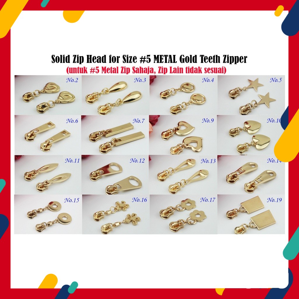 Solid Zip Head for ZIP BESI Size 5 METAL Gold Teeth Zipper Kepala 5