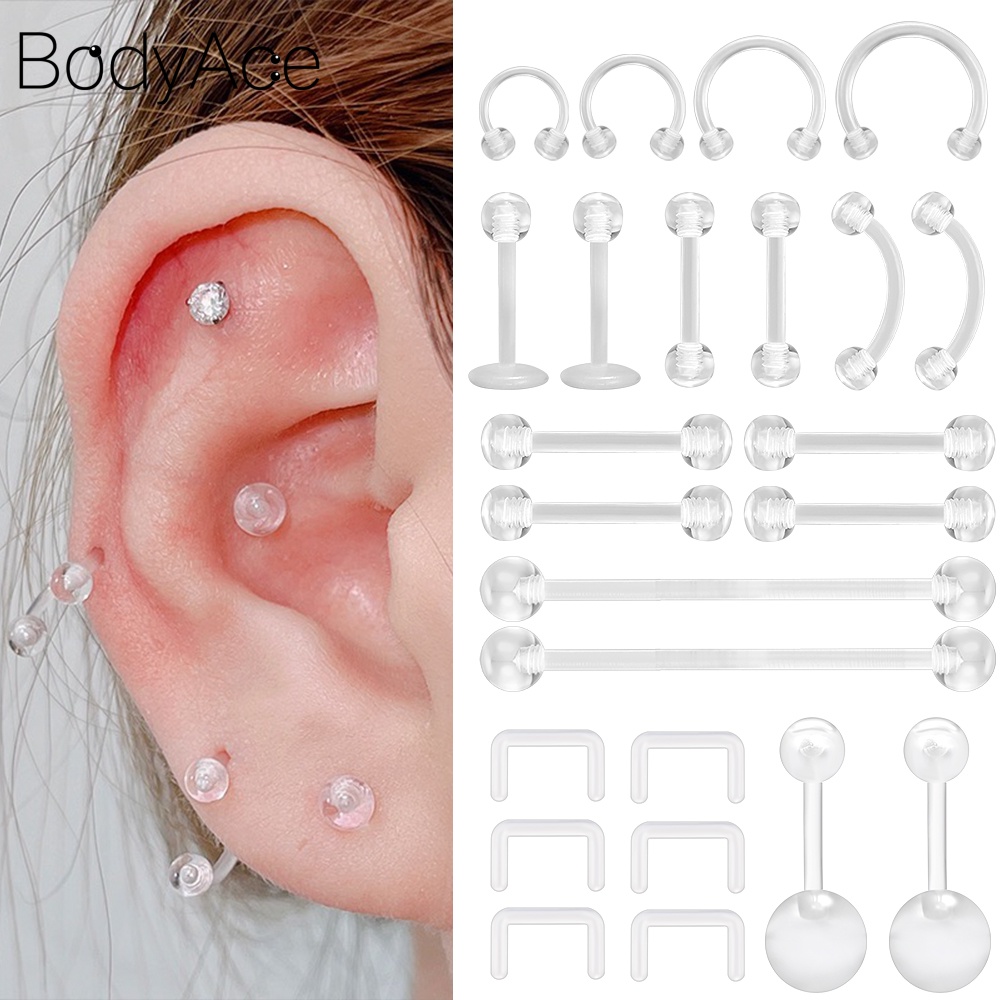 Bodyace 2 Pcs Invisible Nose Piercing Flexible Septum Ring Hidden Clear Acrylic Barbell Navel