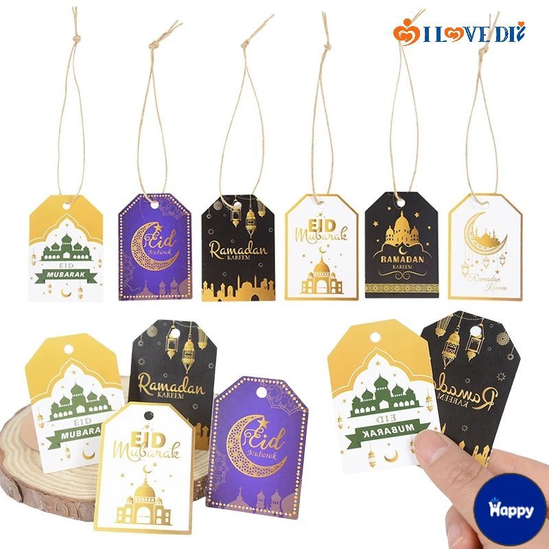 HS 48Pcs Eid Mubarak Labels Kraft Tags/ Ramadan Star Moon Hang Tags For ...