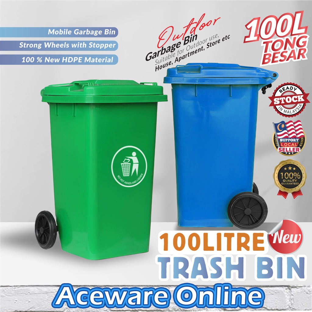 100L Trash Bin Outdoor Dustbin with Wheel Lid Tong Sampah Hijau Luar