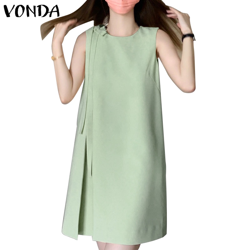 Vonda Women Korean Casual Round Neck Sleeveless H Line Short Dresses