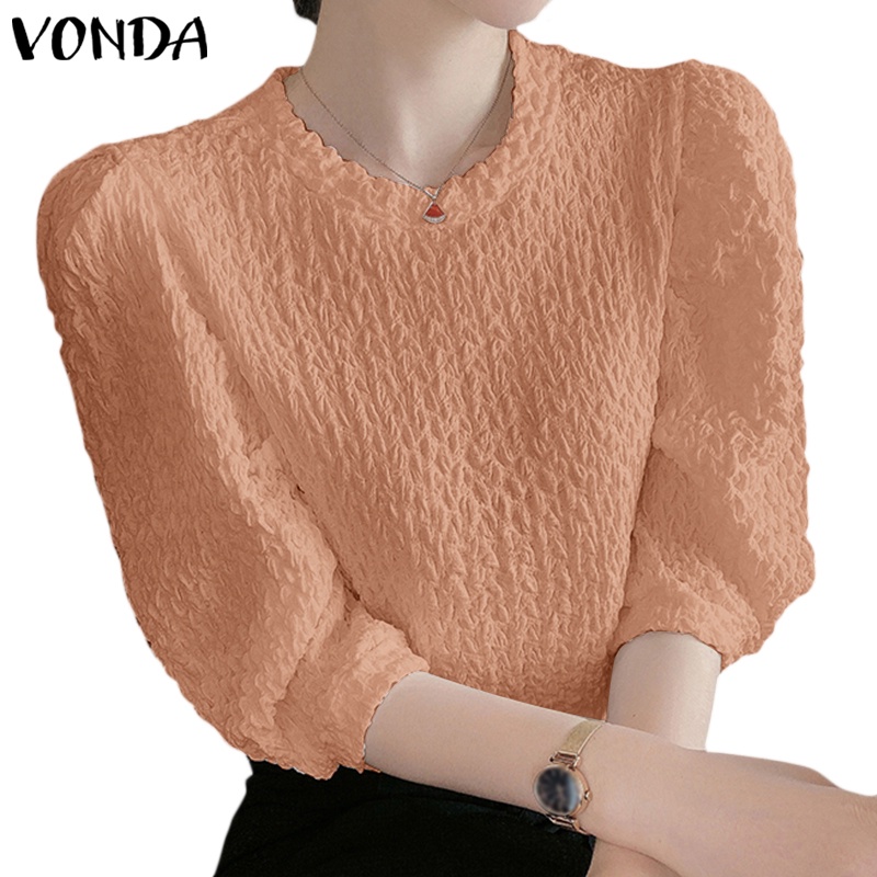 Vonda Women Korean Casual Puff Sleeve Round Neck Half Sleeve Blouse