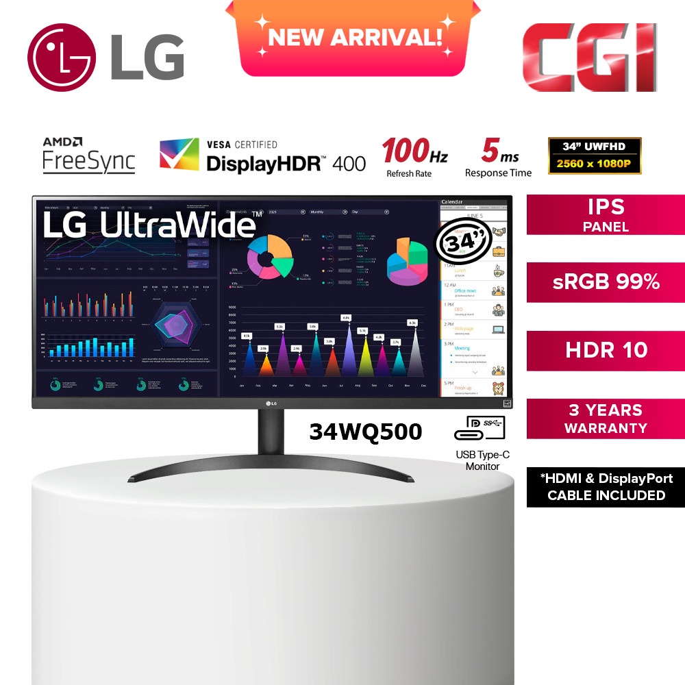 LG 34" 34WQ500 FHD IPS HDR10 100Hz AMD Freesync Ultrawide Monitor