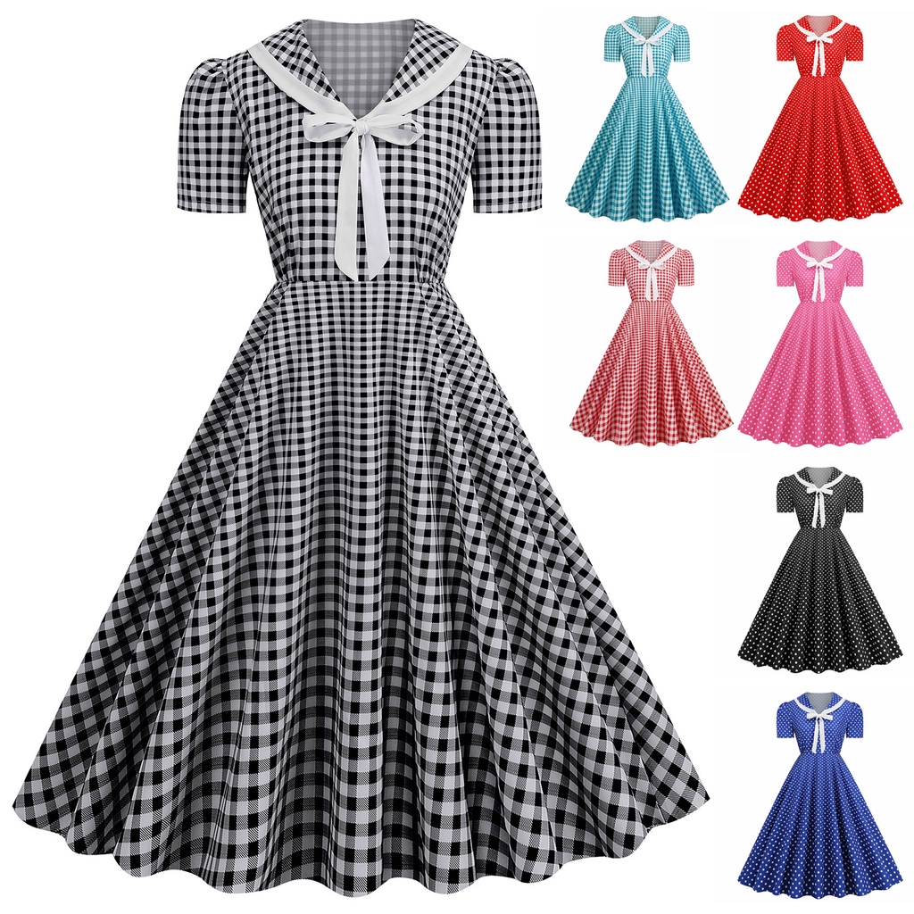 RAYA Elegant Retro Plaid Party Evening Dress V-Neck Short-Sleeved Bow ...