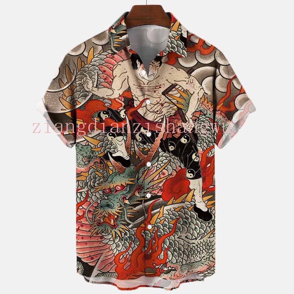 Summer Japanese Style Printed Shirt for Men Tattoo Hawaiian Shirt ...