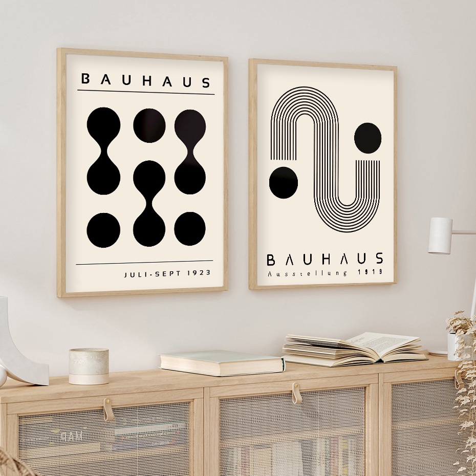 Bauhaus Mid Century Modern Posters Abstract Geometric Black Beige Wall ...